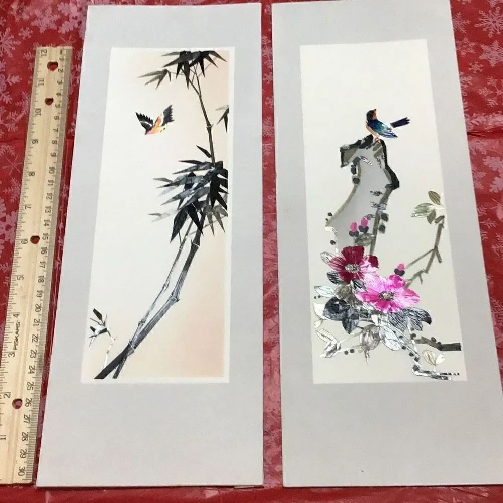 Pair of vintage Mai Cheng white silk paintings